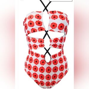 Red Floral One-Piece Swimsuit with Cutouts